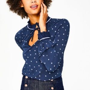 Boden Bronwyn Jersey Top Navy Blue size 2 Polka Dots